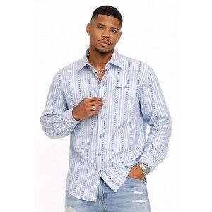 SEAN JOHN long sleeve shirt blue XL striped embroidered 100% cotton hip hop
